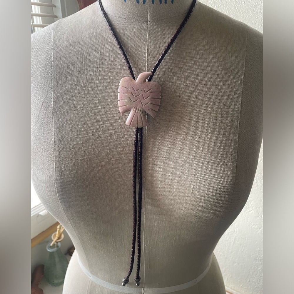Unisex Bolo Tie with Polished Wyoming Thunderbird Thulite with leather rope.